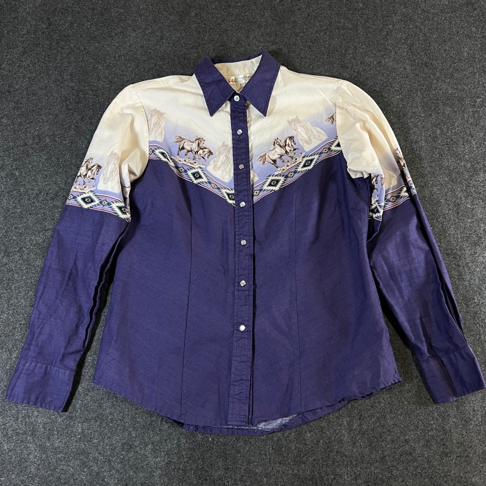 Cumberland Outfitters Women Purple Western Horse Print Snap Button Shirt Large
